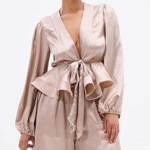 Elegant Satin Peplum Tie Front Blouse - Champagne